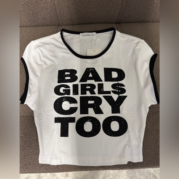 Glitz White Black Graphic Cap Sleeve Crop Top - Picture 2 of 2